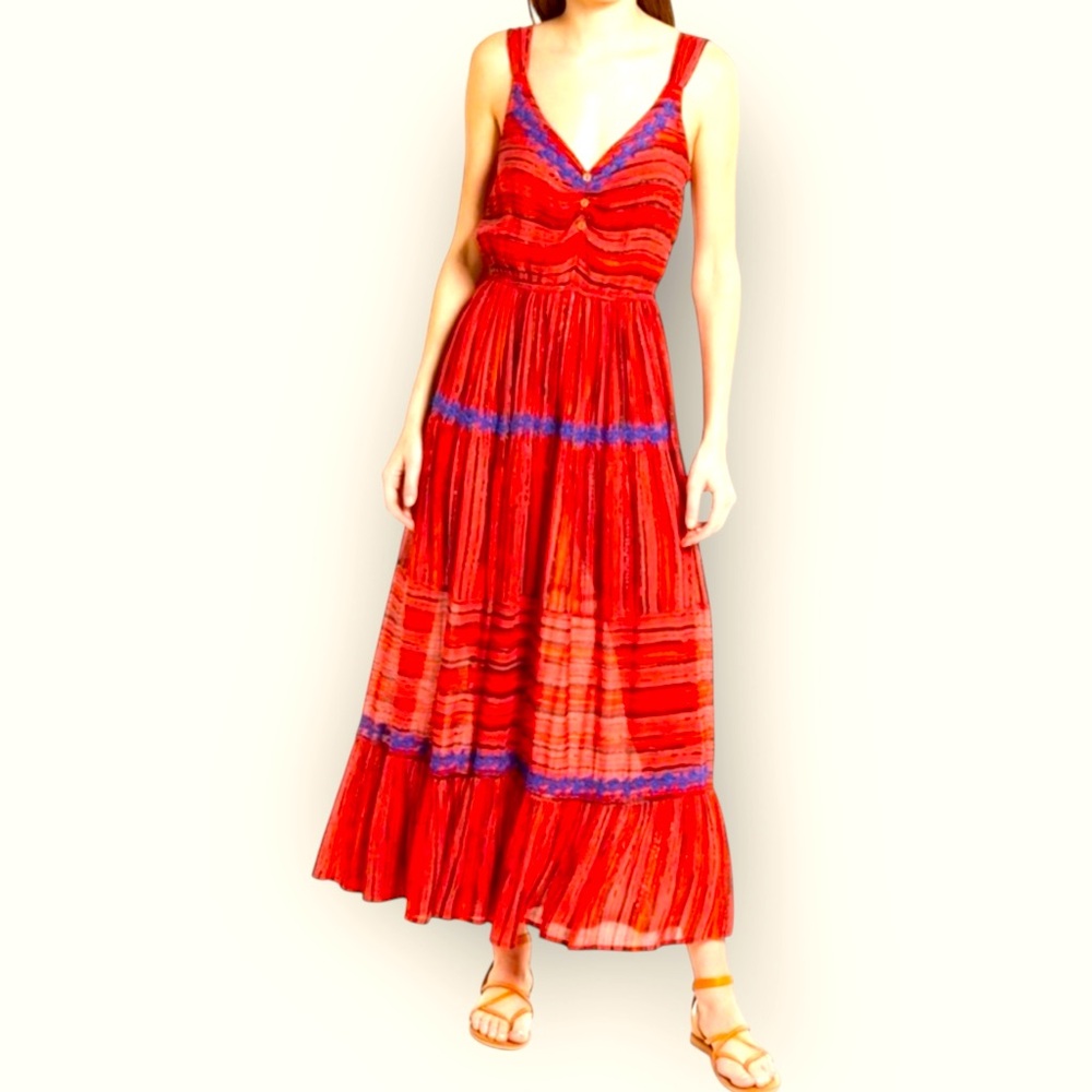 RAGA Josefina Sleeveless Tiered Maxi Dress Red & Blue Embroidered Boho Large NWT